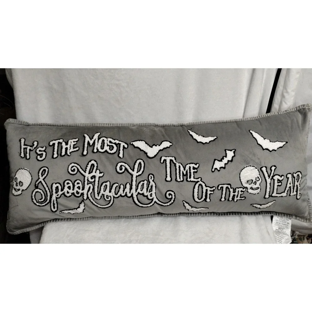 Halloween Spooktacular Pillow Gray Lumbar Skeleton Bats Embroidered‎ 14